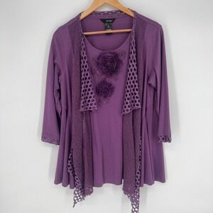 Ali Miles Womens Tunic Top Sz M Purple Lagenlook Asymmetrical Rosette Artsy Boho